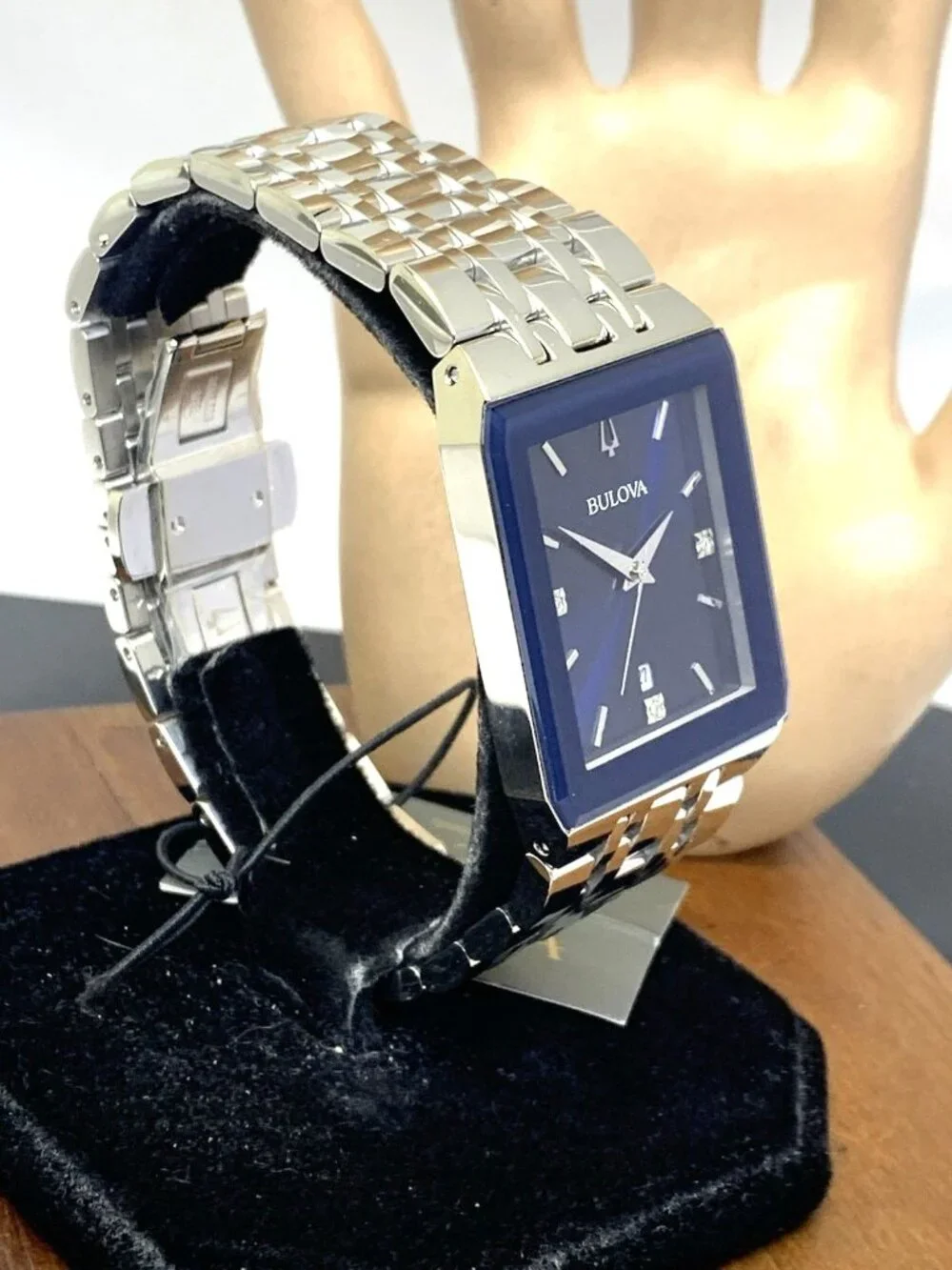 Bulova Men's Watch 96D139 Blue Dial Diamond Accent Rectangle Date Silver Steel